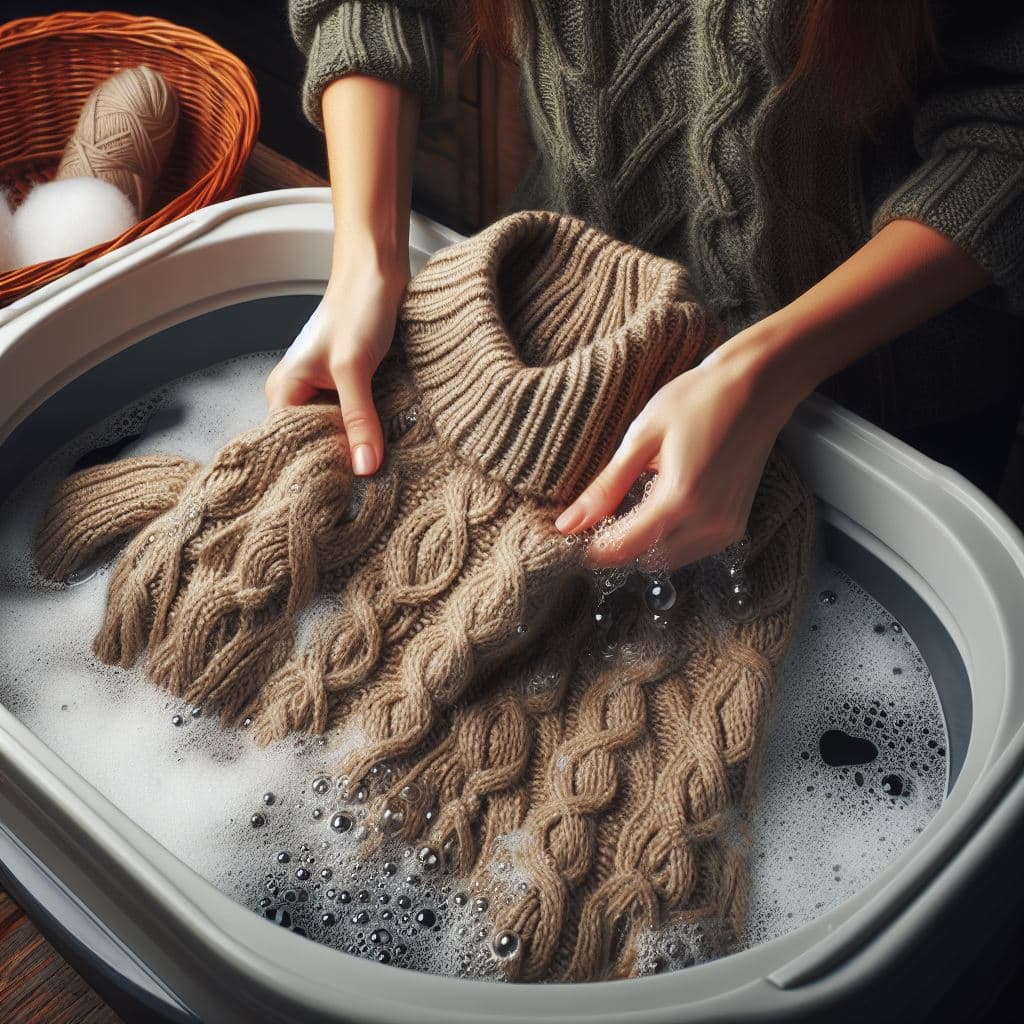 Жінка пере вручну шерстяну кофту